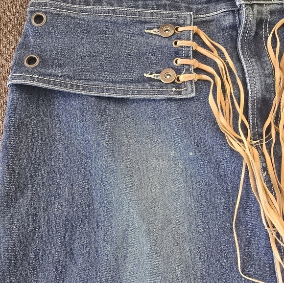 Jukebox Denim Fringe Maxi Skirt Women Sz 16 Blue Flare Back Slit Waist Belt - Picture 6 of 13